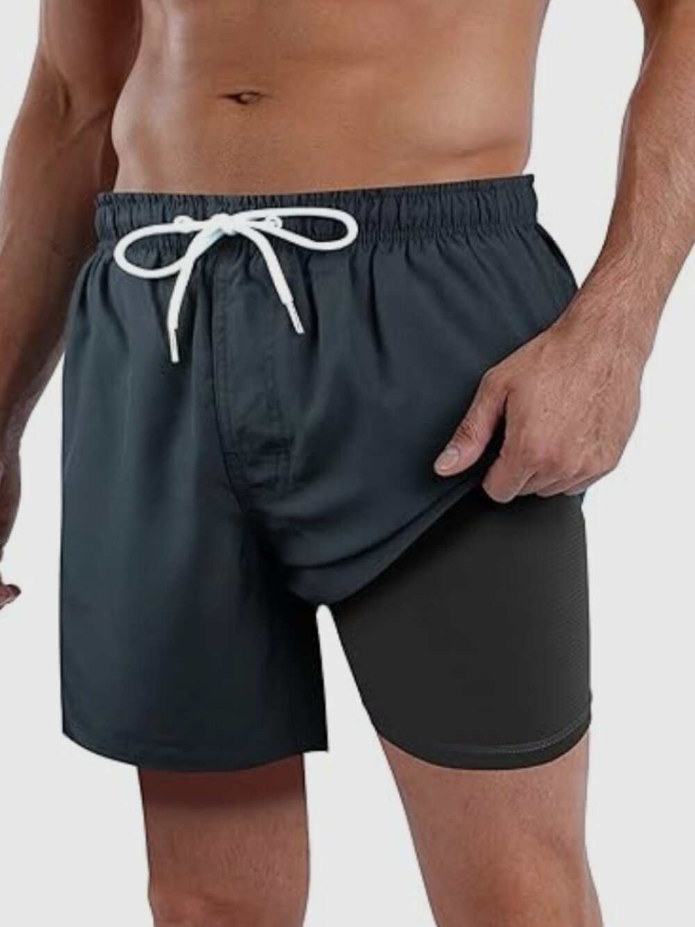 QRANSS Men's Black Swim Trunks with Compression Short Liner Quick Dry - Large